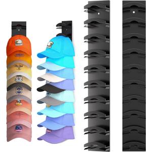 Hat Organizer for Baseball Caps 2Pack, Hat Rack for Wall with Strong Adhesive Hold up to 20 Hats, Hat Hanger Holder Display for Door Closet, Cap Organizer Storage Multilayer Two Mounting Option(Black) (1.3"D x 2.24"W x 16.54"H)