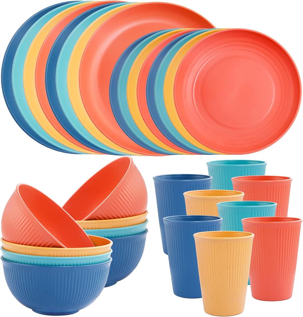 LIYH 32 Pcs Wheat Straw Dinnerware Sets - Plastic Plates and Bowls Set,Reusable Plastic Plates,Dishes Set for 8,Unbreakable & Dishwasher Dinnerware Stes,Thanksgiving Halloween Fall Decor (Yellow Orange Blue Nave Blue)