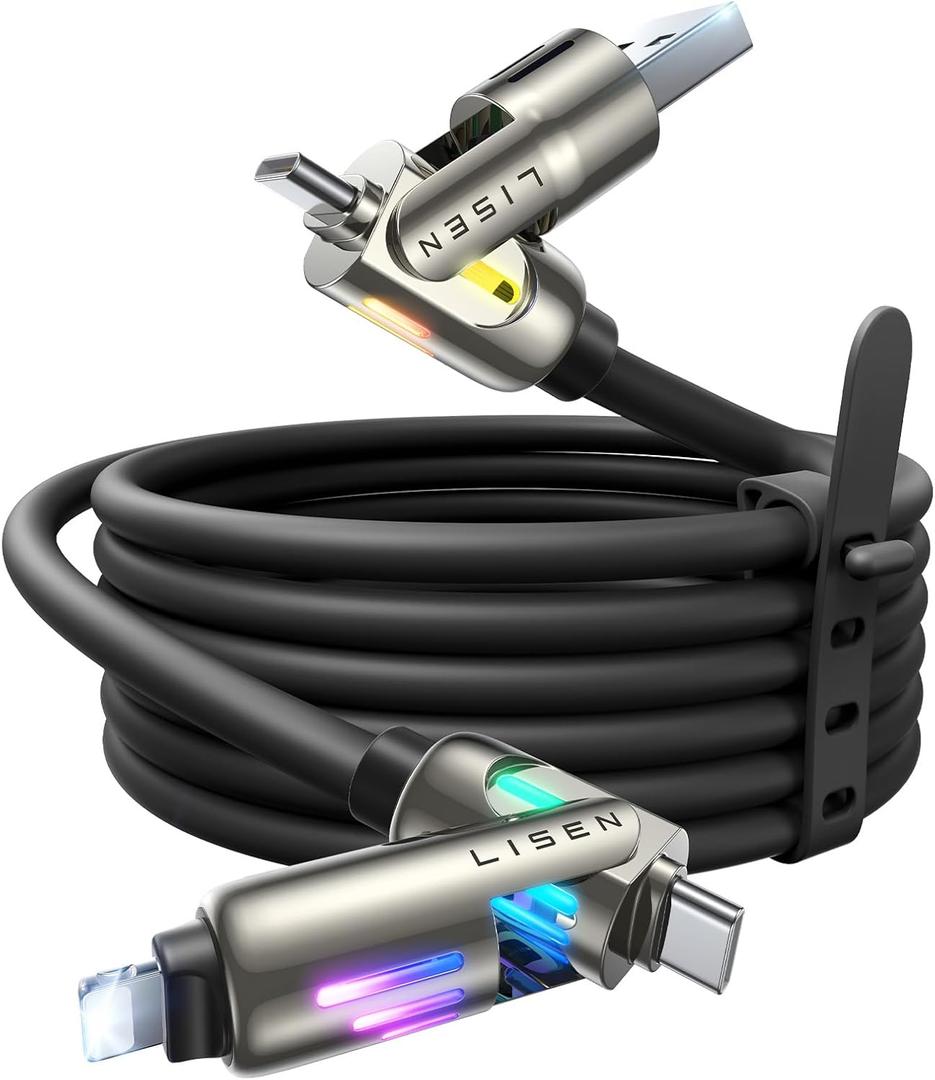 LISEN 240W USB-C Charge Cable, Chubby USB C Cable, 4 in 1 Charging Cable (6.6FT) with Light, USB A/C to C/L Multi Charging Cable for iPhone 16 15 14 13 12 Pro Max, MacBook, iPad, Samsung, Black