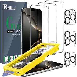 Ferilinso [Auto Dust Install] 3 Pack Screen Protector for iPhone 16 Pro Max [Phone Case fit], 3 Tempered Glass Camera Lens Protector Accessories for Apple