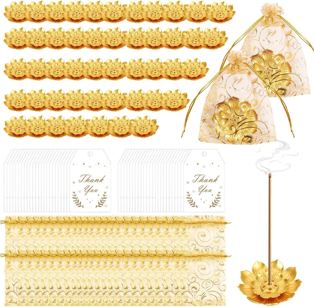 144 Pack Diwali Gifts Bulk, Lotus Incense Holder, Indian Return Gifts for Pooja Bulk, Gold Lotus Incense Sticks Holder with Organza Bags & Thank You Cards, Indian Return Gift (144 Pack)