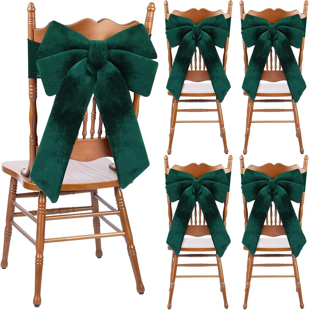 Janinka Set of 4 Christmas Velvet Chair Sashes Bows Covers Large Green Bows Seat Covers Xmas Chairs Decoration for Chair Living Room Kitchen Holiday Party Decorations(15.7 x 23.6 Inch)