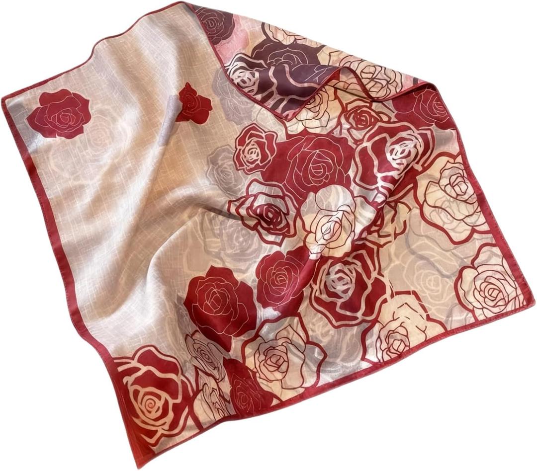 Fashion Female Bandana Scarf, Cute Floral Print with Lace Trim, Skin-Friendly Soft Fabric Accessory (Red)