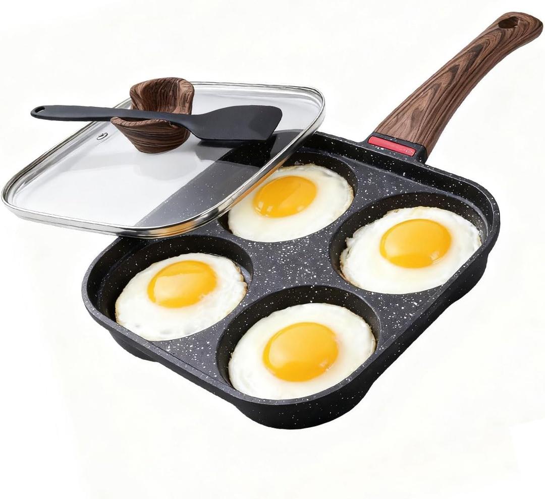 Nonstick 4-Cup Egg Pan With Lid, Black Aluminum Non Stick Frying Pans, Bakelite Handle, Healthy Egg Frying Pan For Pancake, Burger, Sandwiches,Suitable For Gas Stove & Induction Cooktop
