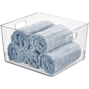 mDesign Large Modern Stackable Plastic Storage Organizer Bin Basket with Handles for Bathroom Vanity Organization - Shelf, Cubby, Cabinet, or Closet Organizing Decor - Ligne Collection - 4 Pack, Clear