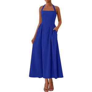 KIRUNDO Summer Dresses for Women 2026 Halter Maxi Wedding Guest Party Cocktail Semi Formal Elegant Classy Long Sundress (Blue, M)