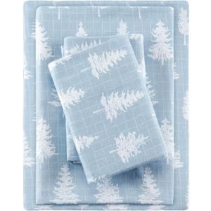 True North by Sleep Philosophy Cozy Flannel Warm 100% Cotton Sheet - Novelty Print Animals Stars Cute Ultra Soft Cold Weather Bedding Set, Queen, Blue Forest 4 Piece