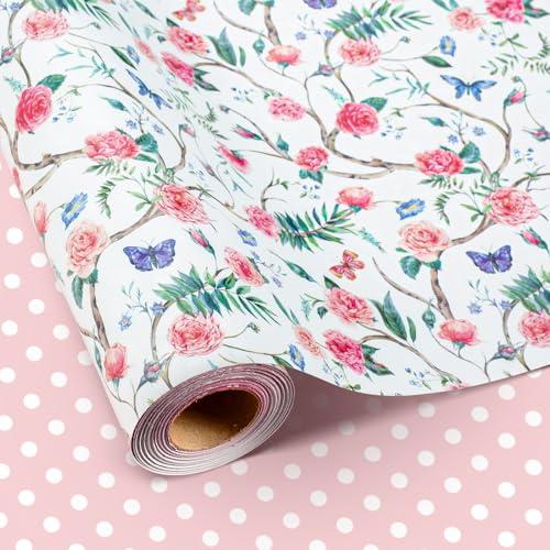 Retrify Pink Flowers Wrapping Paper Roll - 17 Inches x 32.8 Feet Mini Roll Cute Butterfly and Polka Dots Gift Wrap Paper for Mother's Day, Wedding, Birthday, Baby Shower, Holiday