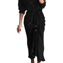BTFBM Women Long Sleeve Satin Dress 2025 Summer Spring Lapel V Neck Button Down Elegant Belted Ruched Maxi Shirt Dresses, XL