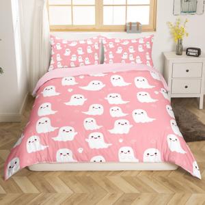 Feelyou Happy Halloween Bedding Set for Girls Boys Kids Twin Size Cute Cartoon Ghost Comforter Cover Set Room Decor Witchcraft Duvet Cover Pink Horror Theme Bedspread Cover 2Pcs, No Comforter