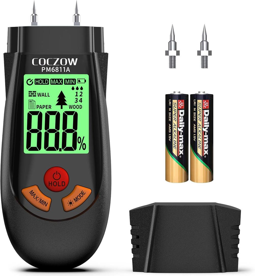 Wood Moisture Meter with Battery and LCD Display, Suitable for Quick Determination of Moisture Content in Many Types of Logs, Paper, Plywood, Plaster Walls, Floor Coverings, and More