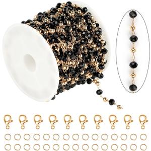 KYUNHOO 16.4 Feet Black Beaded Chain for Jewelry Making Gold Plated Brass Rosary Chain on Spool with Lobster Claps and Jump Rings for Women Necklace Bracelet Craft DIY