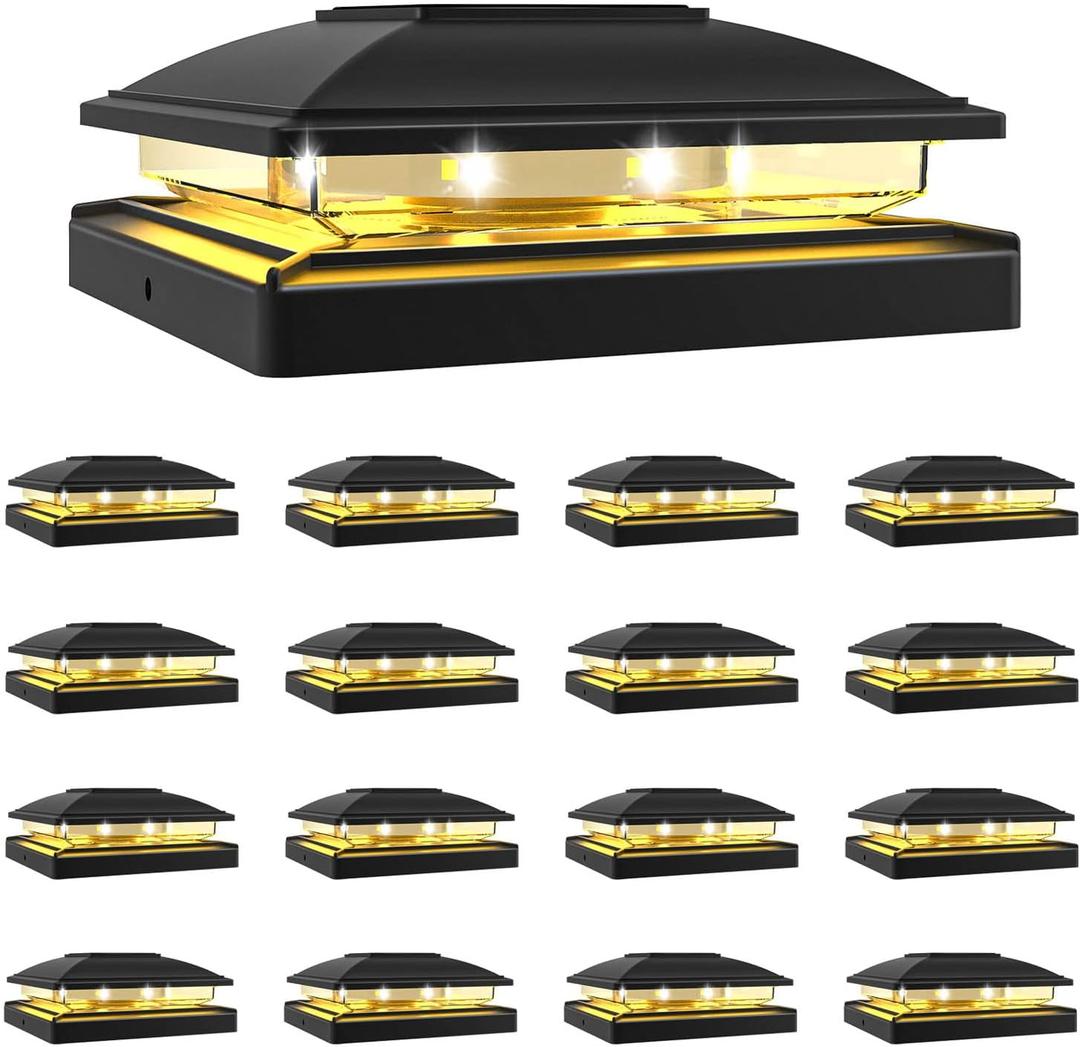 VOLISUN Solar Post Cap Light Outdoor Waterproof 16pack,Solar Fence - Post Lights for 4x4 5x5 6x6 Wooden/Vinyl Post,Black Deck Post Cap Light Solar Powered with Warm White for Garden/Patio/Porch (16 Pack)