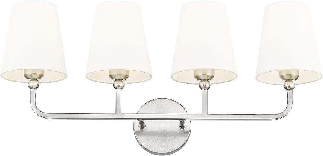 Bathroom Light Fixtures, 4 Light Vanity Lights with Flared White Fabric Shade, 28 Inch Brushed Nickel Wall Sconce, Modern Sconces Wall Lighting for Hallway Bedroom, VL837-BN-4