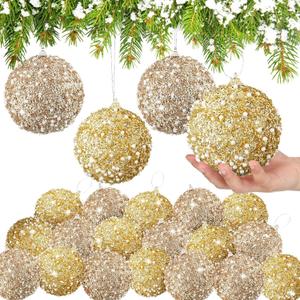 Lyrow 24 Pcs 4" Glitter Christmas Ball Ornament Set Christmas Ball Bulk Xmas Sequin Foam Hanging Ornament Decorative Hanging for Tree Party Holiday Decor(Champagne Gold, Rose Gold)
