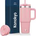 Konokyo 30 oz Tumbler with Handle and 2 Straws,2 in 1 Lid Insulated Water Bottle Stainless Steel Travel Coffee Mug,Pink