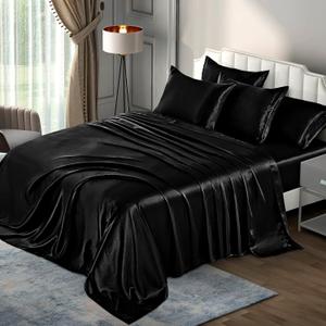 P Pothuiny 6 Pieces Queen Satin Sheets Luxury Silky Black Satin Bedding Sheet Set, 1 Deep Pocket Fitted Sheet + 1 Flat Sheet + 4 Pillow Cases
