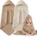 Hooded Baby Bath Towels for Newborn, 2 Pack - 6-Layer 100% Muslin Cotton, Soft Absorbent Baby Towels with Hood for Babies, Infants & Toddlers, Large 32x32 Inch Unisex Newborn Baby Bath Essentials (Beige & Apricot)