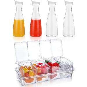 4 Pcs 54oz Plastic Carafe with Lid & 1 Seasoning Box with Lid Spoon, Round Base Juice Containers, Removable Compartments for Fruit Garnish Tray Mimosa Bar Supplies