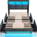 Rolanstar Twin Size Bed Frame with LED Lights and Charging Station, Upholstered Bed Storage Headboard & Drawers, Heavy Duty Wood Slats, Easy Assembly