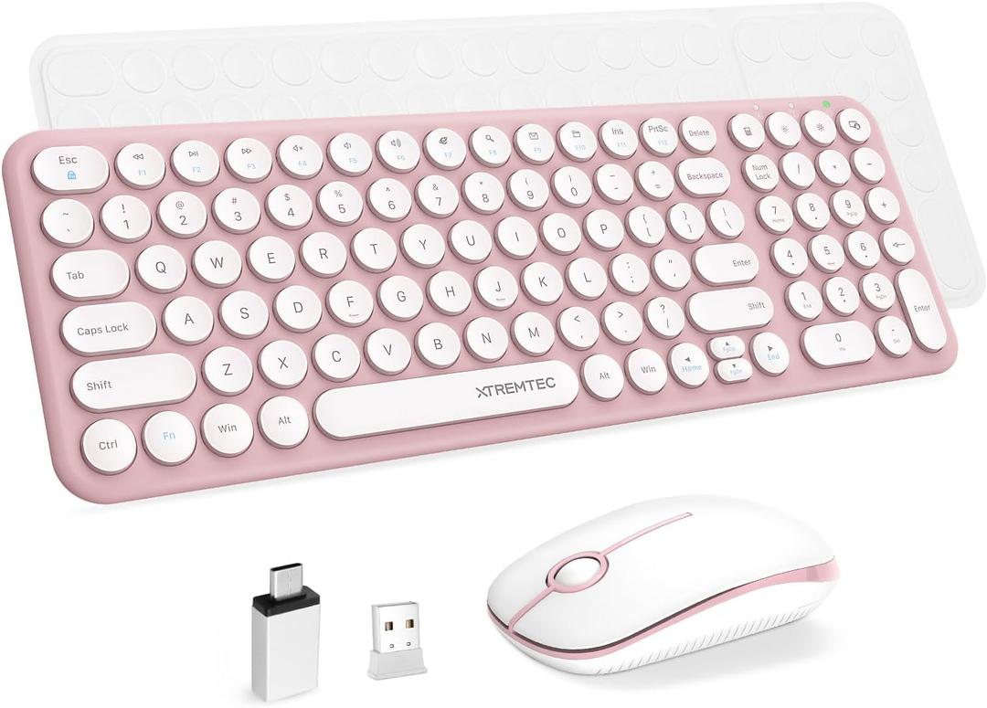 Wireless Keyboard and Mouse Combo, XTREMTEC 2.4GHz Quiet Slim Cute Round Keycap Compact Size Pink Kawaii Cordless Retro Keyboard and Mouse Set Home Office Accessories for Mac/ Windows(Sakura Pink)