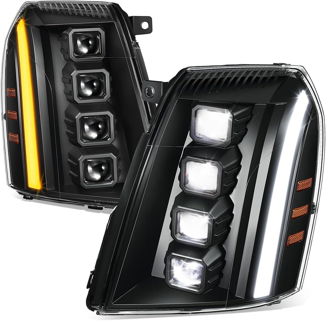Auto Dynasty Sequential LED DRL Switchback Quad Square Projector Headlights Assembly Compatible with Cadillac Escalade 2007-2014, Driver and Passenger Side, Black Housing Amber Corner