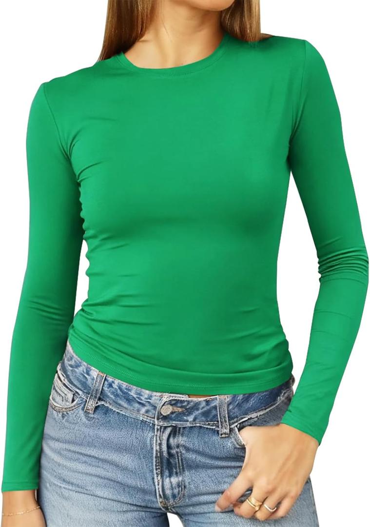 Abardsion Women's Long Sleeve Shirts Spring 2026 Casual Basic Going Out Crop Tops Slim Fit Tight Y2K Clothes (Green, XS)