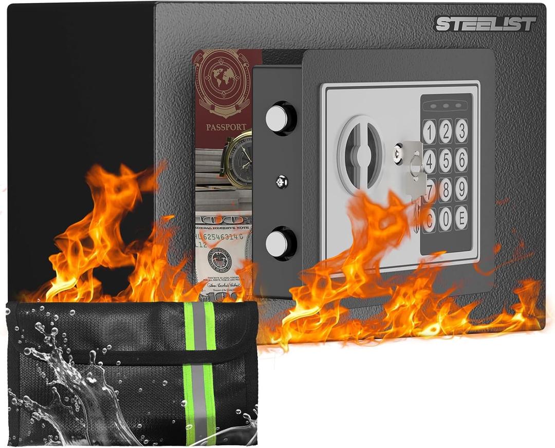 Small Safes with Fireproof Bag, 0.23 Cubic Fireproof Safe for Home, Safety Box with Key, Black Digital Security Safes, Fire Proof Safe for Jewelry, Cash, Personal Box for Hotel, Busines