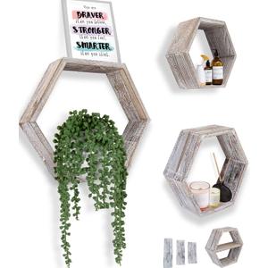 Comfify Rustic Wall Mounted Hexagonal Floating Shelves Set of 3 Honeycomb Shelves - Farmhouse Decor Honeycomb Wall Decor - Rustic White