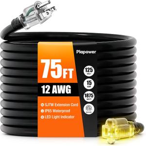 Outdoor Extension Cord 75 FT Waterproof, 12/3 Gauge Heavy Duty 3 Prong Power Cord with Lighted Indicator End, 15A 125V 1875W SJTW, ETL Listed, Great for Lawn/Garden/Home(Black)