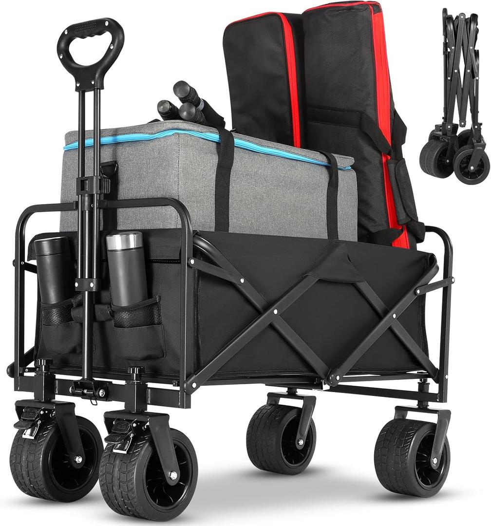 Collapsible Foldable Beach Wagon,Folding Wagon Cart with Big Wheels,Utility Grocery All Terrain Wagons carts Foldable with Brakes for Sand Camping Sports Outdoor(Deep Black).