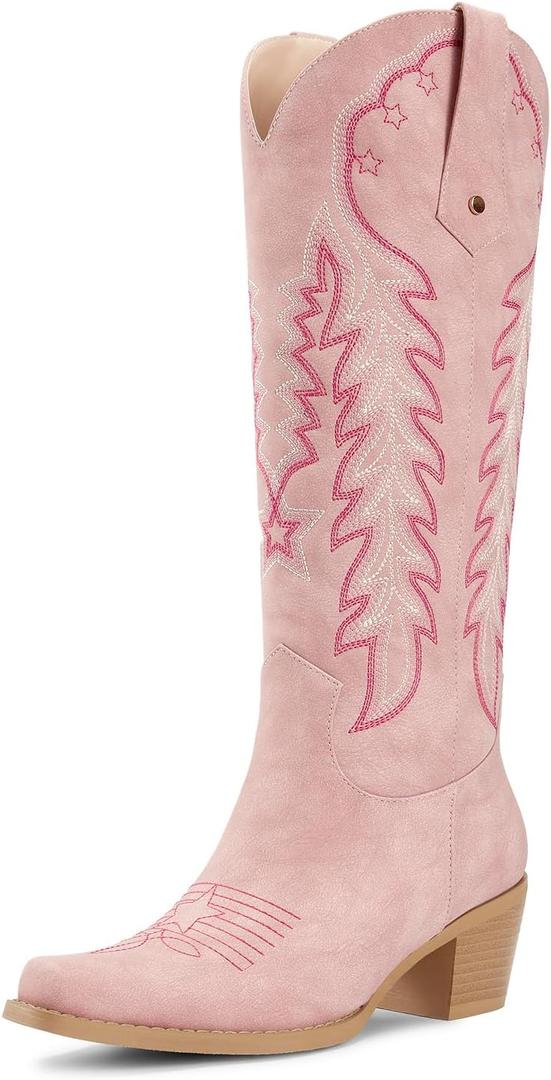 wetkiss Women's Cowboy Boots Knee High Boots Western Boots with Retro Embroidered Pointed Toe Chunky Heel Pull On Long Tall Boot for Ladies (Pink Size 6.5)