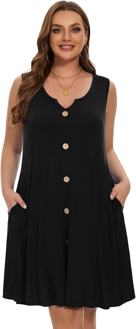 LARACE Women Plus Size Summer Dresses V Neck Sleeveless A Line Sundresses Button Down Midi Dress with Pockets (Black, XXL)