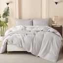 Luxury Grey Comforter Set Queen - Washed Microfiber 3 Pieces Jacquard Bedding, White & Grey Vertical Ticking Stripes Pattern Comforter with 2 Pillowcases, Soft Breathable Durable Comfy