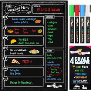 Magnetic Dry Erase Menu Board for Fridge Includes 6 Liquid Chalk Markers - Weekly Meal Planner Blackboard, Grocery List and Notepad for Kitchen Refrigerator - Chalkboard Magnet