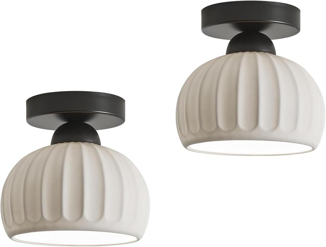 Fetason 2 Pack Ceramic Black Semi Flush Mount Ceiling Light Vintage Hallway Light Fixtures, Modern Small Ceiling Mount Light Lamp for Hall Kitchen Entryway Passway Porch Foyer