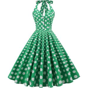 50s Dresses for Women Vintage 1950s Halter Retro Cocktail Dress 50s Polka Dot Pinup Rockabilly Audrey Hepburn Tea Party Dress (Large, Green-button)