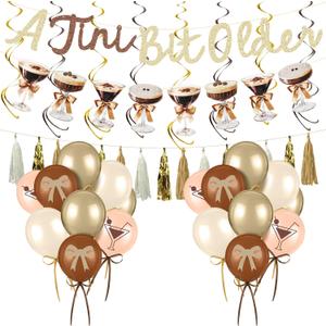 2 x VitalCozy 48 Pcs Fall Martini Birthday Party Decorations a Tini Bit Older Banner Martini Garland Gold Brown Bow Balloons Spirals Ribbon for Women Bar Birthday Bachelorette Bridal Shower