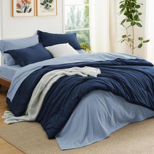 Bedsure Queen Comforter Set - 7 Pieces Navy Queen Bedding Set for All Seasons, Boho Contrasting Design Bed in a Bag with Comforter, Sheets, Pillowcases & Shams