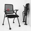 BLANEDUO Updated Conference Room Chairs with Tablet Arm, Folding Office Desk Chair with Lumbar Support and Sliding Armrest with Casters, Stackable Office Guest Chairs & Reception Chairs, 1 Pack Black