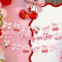 Our Cherry on Top Decorations - Pink Cherry Bow Party Garland for Birthday, First Baby Shower, and Valentines Themed Celebrations