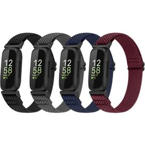 4 Pack Bands Compatible with Fitbit Inspire 3/Inspire 2/Inspire/Inspire HR/Ace 3/Ace 2 Band, Elastic Adjustable Nylon Loop Straps Replacement Sport Stretchy Wristband for Women Men (Black+Gray+Indigo+Burgundy)