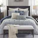 Madison Park Queen Comforter Cotton Clipped Jacquard, Oversized Comforters Queen Size Bed, All Season Down Alternative Overfilled Queen Size Comforter, Essence, Full/Queen, Blue 8 Piece (Queen, Blue)