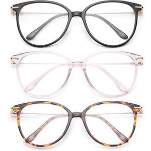 Gaoye Blue Light Blocking Glasses - Trending Round TR90 Frames, Metal Arms, UV400 Protection - Matching Soft Case (3-Black+Pink+Tea Leopard)