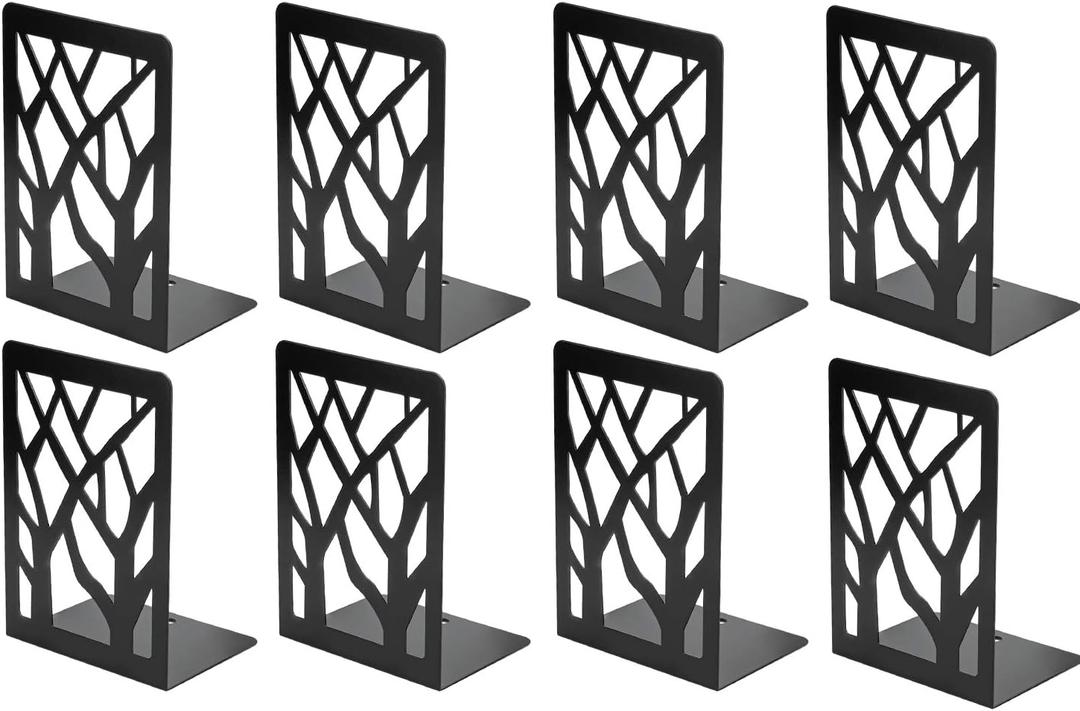 MaxGear Book Ends Tree Design Modern Bookends for Shelves, Non-Skid Bookend, Heavy Duty Metal Book Stopper for Books/CDs, Decorative Book Shelf for Home, 7 x 4.7 x 3.5, Black (4 Pair/8 Pieces, Large)
