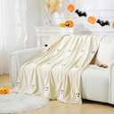 Halloween Ghost Throw Blanket 50x60, Ultra Soft Velvet All-Season Decorative Blankets with 3D Embroidered Ghost, Hidden Zipper for Duvet Insert, Cozy Bed or Sofa Blanket (White)