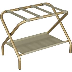 Smuxee Gold Luggage Rack, Foldable Suitcase Stand with Fabric Storage Shelf, Luggage Holder with 4 Nylon Straps for Guest Room Bedroom Hotel