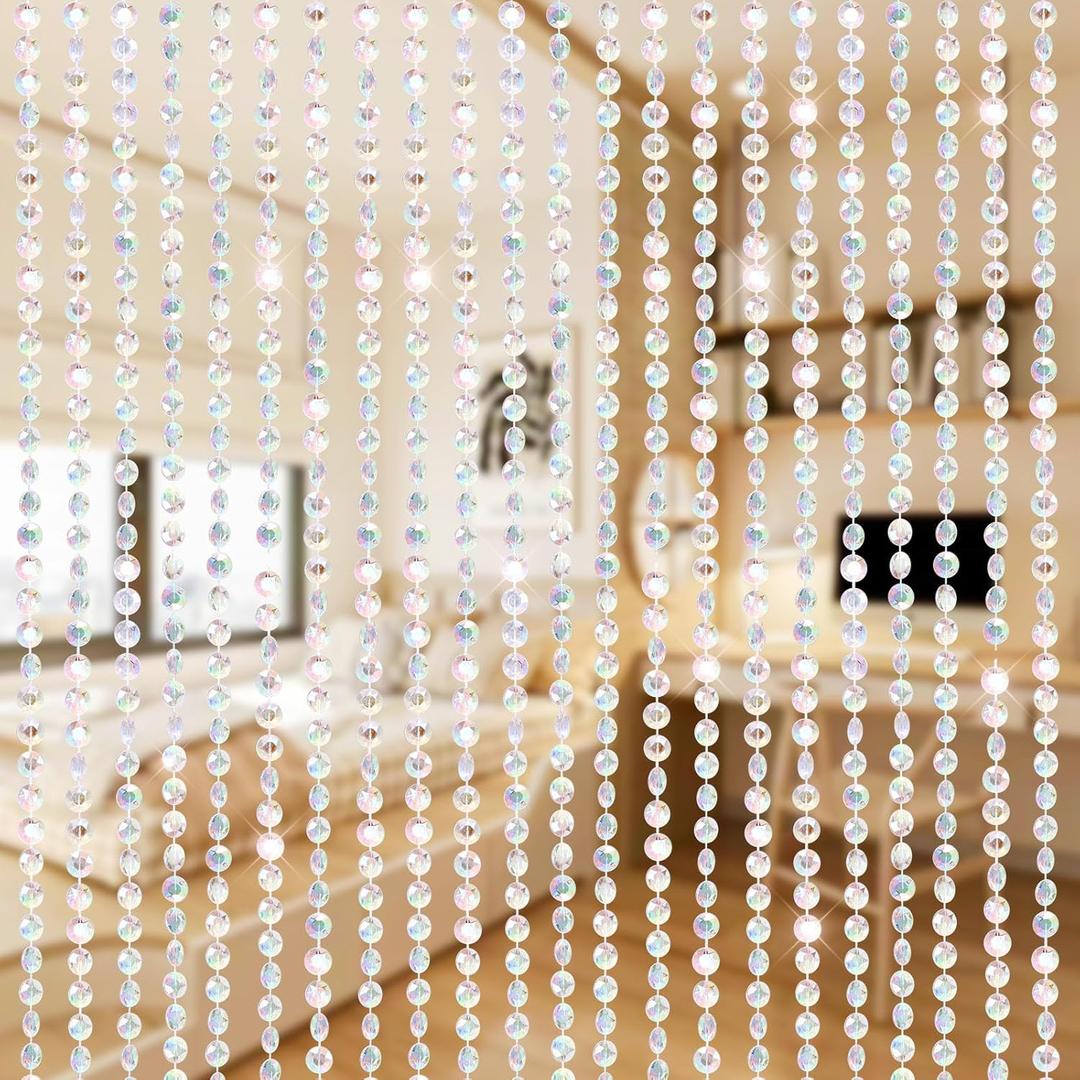 Boshen 2Panels Crystal Beaded Curtain 3FTx6.5FT Door Beads 36 Strands Clear Acrylic Beads Hanging Room Divider Crystal Iridescent Diamond Cut Curtain Doorway Curtain for Party Decor, 35.4"W x 78"L