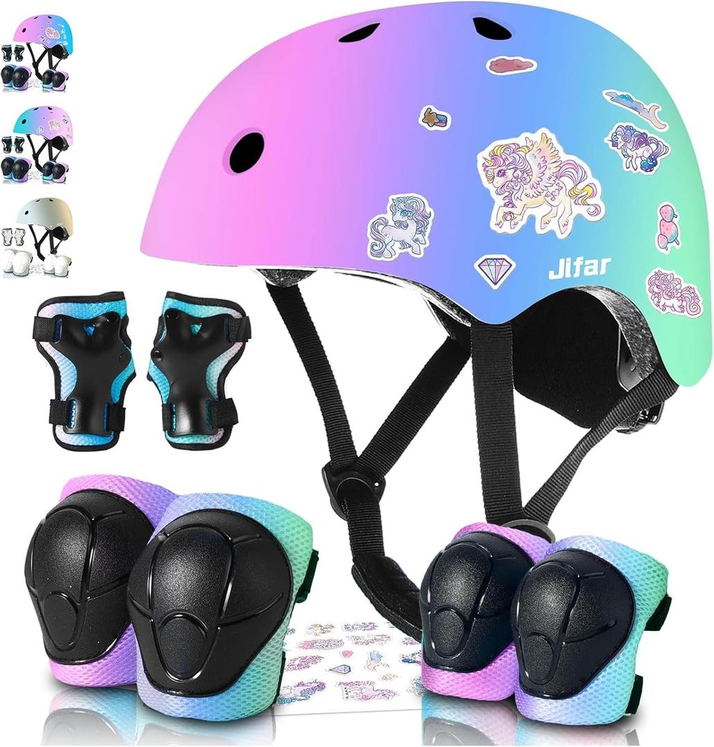 Sticker Adjustable Color Gradient Bike Kids Toddler Helmet and pads for Kids 3-5-8-14+Boys Girls Child Skateboard Helmet with Knee Pad Elbow Pads Guards,Riding Scooter Roller Inline skatings Longboard (Small: 18.9"-21.26" / 48cm-54cm, Gradient-04)