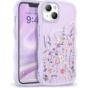 GVIEWIN Cute for iPhone 14 Case & iPhone 13 Case [Compatible with MagSafe] [Curly Wave Edge] Floral Translucent Magnetic Shockproof Protective Phone Cover for iPhone 14/13 6.1'', Floratopia/Colorful